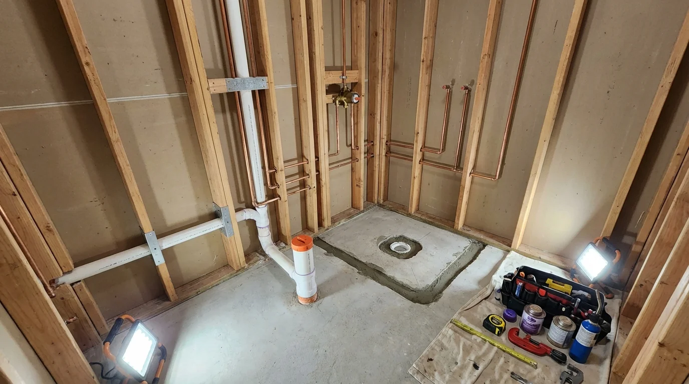 Bathroom rough-in plumbing during remodel by Johns Plumbing LLC in Freeland