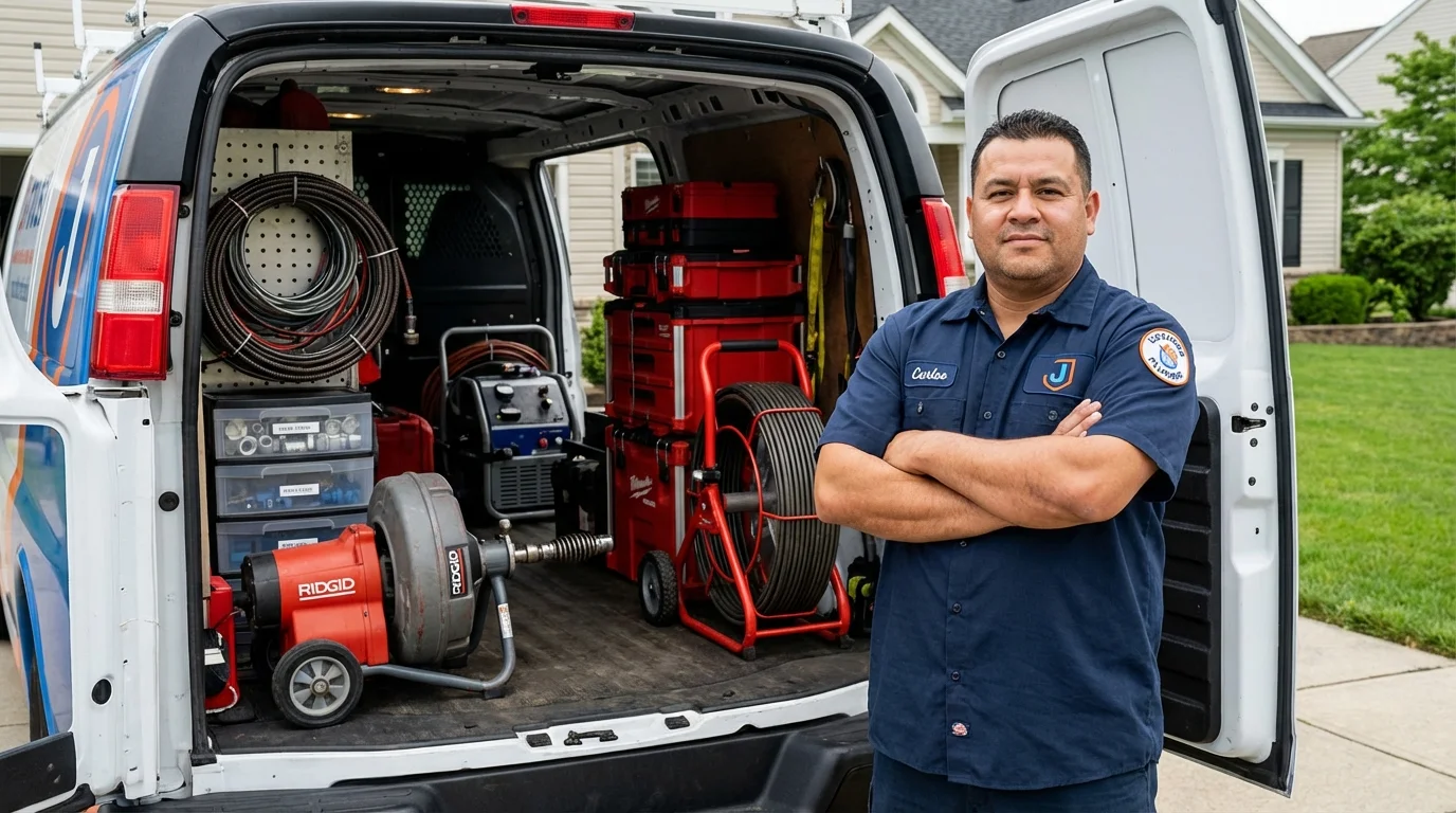 Professional drain cleaning equipment and Johns Plumbing LLC plumber in Freeland