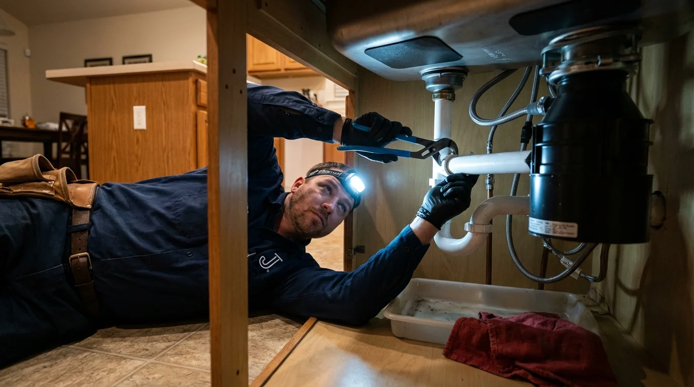 P-trap and supply line connections under a kitchen sink showing a common leak point in Freeland, PA